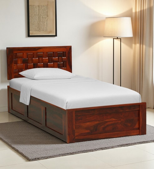 Woodway Sheesham Wood Single Bed In Honey Oak  Finish Box Storage