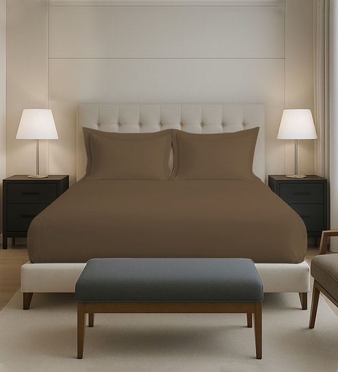 Woody Brown Solid 400 TC Cotton King Sized Fitted sheet with 2 Pillow Covers