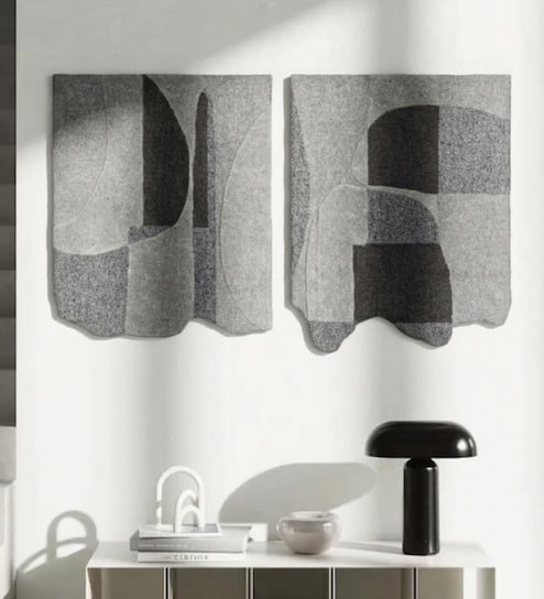 Grey And Green Wool and Silk Handmade Wall Art Panel 4x2 Feet-image-7