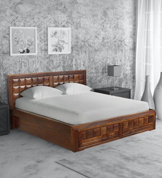 Buy Woodrow Queen Size Bed With Storage In Honey Finish By Hometown Online Transitional Queen Size Beds Beds Furniture Pepperfry Product