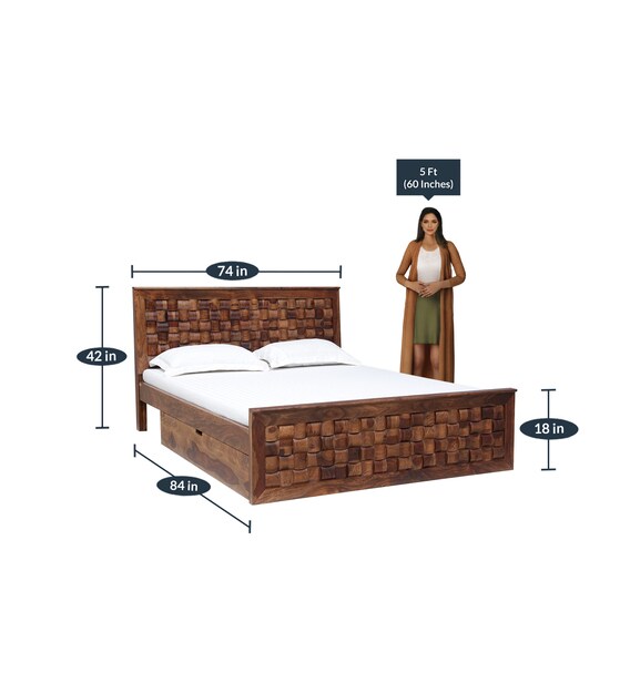 Buy Woodway Solid Wood King Size Bed with Storage in Rustic Teak Finish