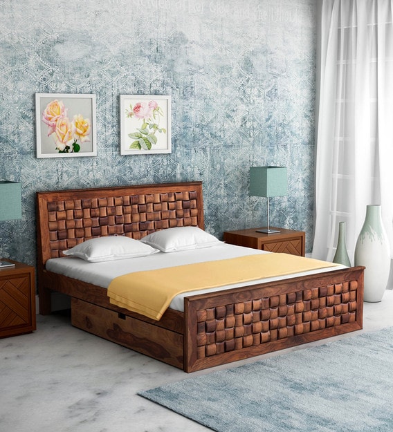 Buy Woodway Solid Wood King Size Bed with Storage in Rustic Teak Finish