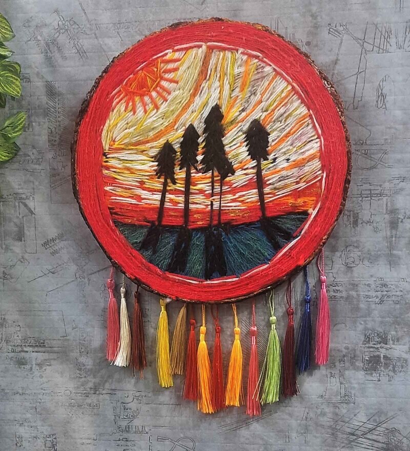 Buy Wood & Fabric Hand embroided Sunset Round wall art with