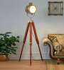 Antique Brass Aluminum & Steel Shade Tripod Floor Lamp With Wood & Metal Base