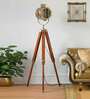 Antique Brass Aluminum & Steel Shade Tripod Floor Lamp With Wood & Metal Base