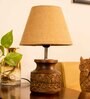 Wooden Carved Lamp with Taper Jute Brown Shade