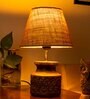 Wooden Carved Lamp with Taper Jute Brown Shade