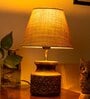 Wooden Carved Lamp with Taper Jute White Shade