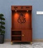 Wooden Floor Pooja Mandir with Ganesh Om Back Panel Shubh Labh Top Design & Cabinet