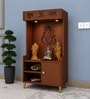 Wooden Floor Pooja Mandir with Ganesh Om Back Panel Shubh Labh Top Design & Cabinet