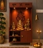 Wooden Floor Pooja Mandir with Ganesh Om Back Panel Shubh Labh Top Design & Cabinet