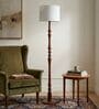 Wooden Handcrafted Natural Teak Floor Lamp with Loose Weave Texture Off White Fabric Lampshade