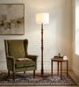 Wooden Handcrafted Natural Teak Floor Lamp with Loose Weave Texture Off White Fabric Lampshade