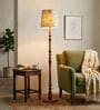 Wooden Handcrafted Natural Teak Floor Lamp with Medium Taper Printed Gold/Grey Fabric Lampshade