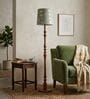 Wooden Handcrafted Natural Teak Floor Lamp with Medium Taper Printed Gold/Grey Fabric Lampshade