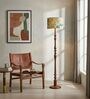 Wooden Handcrafted Natural Teak Floor Lamp with Printed Green Fabric Lampshade