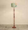 Wooden Handcrafted Natural Teak Floor Lamp with Printed Green Fabric Lampshade