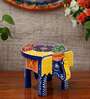 Blue Wooden Handpainted Decorative Elephant Stool