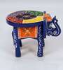 Blue Wooden Handpainted Decorative Elephant Stool