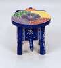 Blue Wooden Handpainted Decorative Elephant Stool