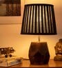 Wooden Hexa Lamp with Pleeted Cotton Black Shade