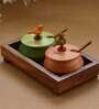 Wooden 2 Pcs Condiment Jars  With Base Tray and Spoon