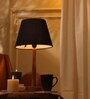 Classic E27 Holder Wooden Base Table Lamp (Brown Base) with Fabric Shade (Blue)
