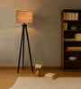 Wooden Tripod Floor Lamp With Beige Jute Drum Shade