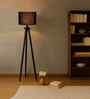Wooden Tripod Floor Lamp With Black Cotton Drum Shade