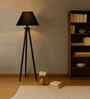 Wooden Tripod Floor Lamp With Black Cotton Drum Shade