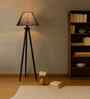 Wooden Tripod Floor Lamp With Blue Cotton Drum Shade
