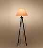 Wooden Tripod Floor Lamp With Grey Cotton Drum Shade