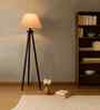 Wooden Tripod Floor Lamp With Grey Cotton Drum Shade