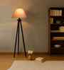 Wooden Tripod Floor Lamp With Grey Cotton Drum Shade