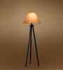 Wooden Tripod Floor Lamp With Grey Cotton Drum Shade