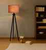 Wooden Tripod Floor Lamp With Grey Cotton Drum Shade