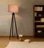 Wooden Tripod Floor Lamp With Grey Cotton Drum Shade