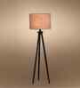 Wooden Tripod Floor Lamp With Grey Cotton Drum Shade