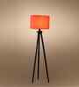 Wooden Tripod Floor Lamp With Orange Cotton Drum Shade