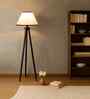 Wooden Tripod Floor Lamp With White & Black Cotton Drum Shade