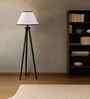 Wooden Tripod Floor Lamp With White & Black Cotton Drum Shade