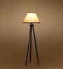 Wooden Tripod Floor Lamp With White & Black Cotton Drum Shade