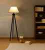 Wooden Tripod Floor Lamp With White & Black Cotton Drum Shade