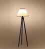 Wooden Tripod Floor Lamp With White & Black Cotton Drum Shade