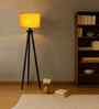 Wooden Tripod Floor Lamp With Yellow Cotton Drum Shade