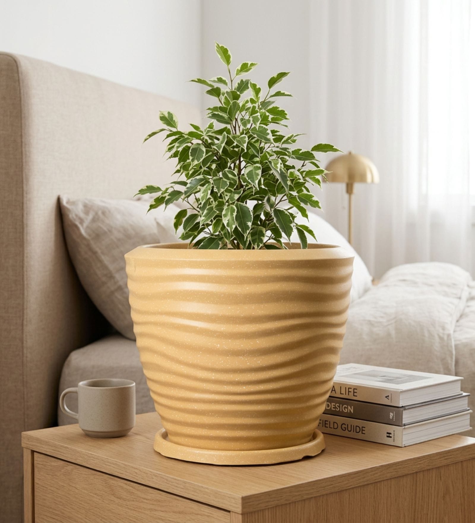 WPC Beige 12 Inch German Polymer Round Plant Container With Saucer