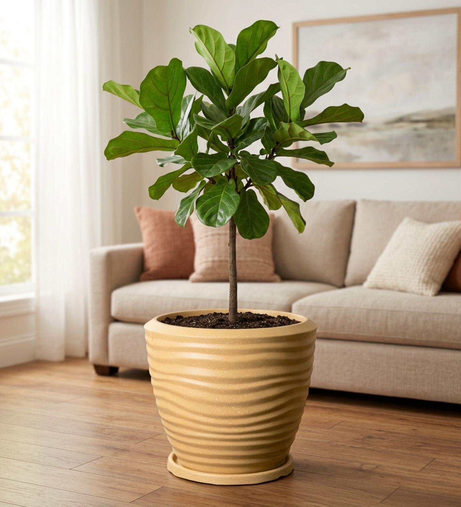 WPC Beige 15 Inch German Polymer Round Plant Container With Saucer