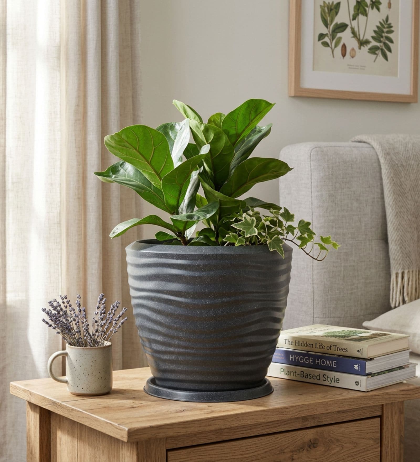 WPC Grey 12 Inch German Polymer Round Plant Container With Saucer