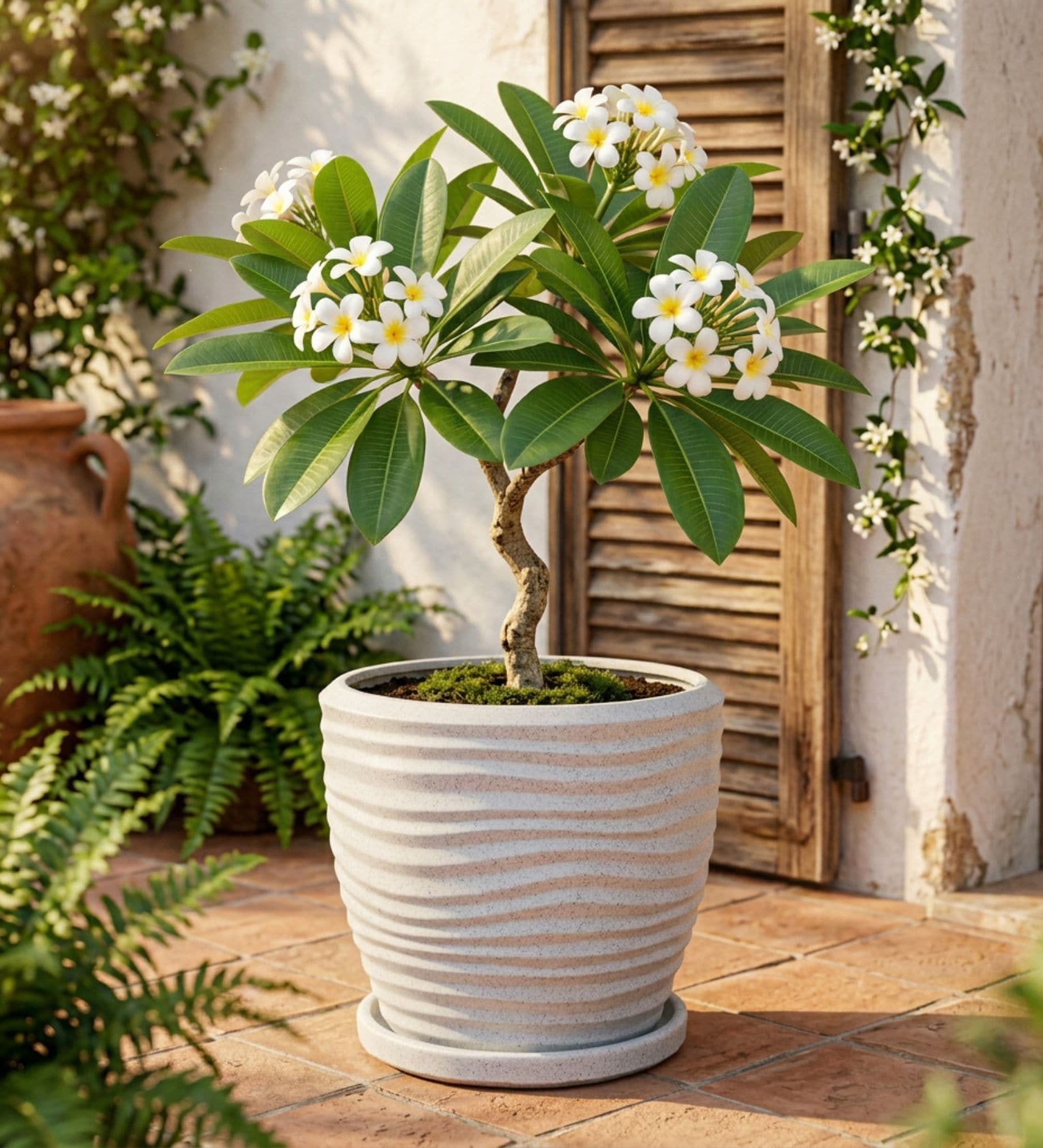 WPC Marble White 17 Inch German Polymer Round Plant Container With Saucer