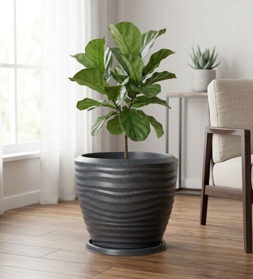 WPC Grey 15 Inch German Polymer Round Plant Container With Saucer